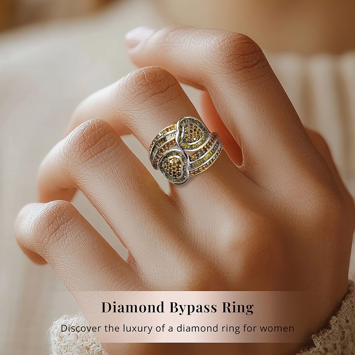 Yellow Diamond Cluster Ring,  Diamond Bypass Ring, Yellow Diamond Ring, Diamond Hearts Ring, Platinum Over Sterling Silver Ring, Diamond Gift For Her, Wedding Ring 1.00 ctw image number 1