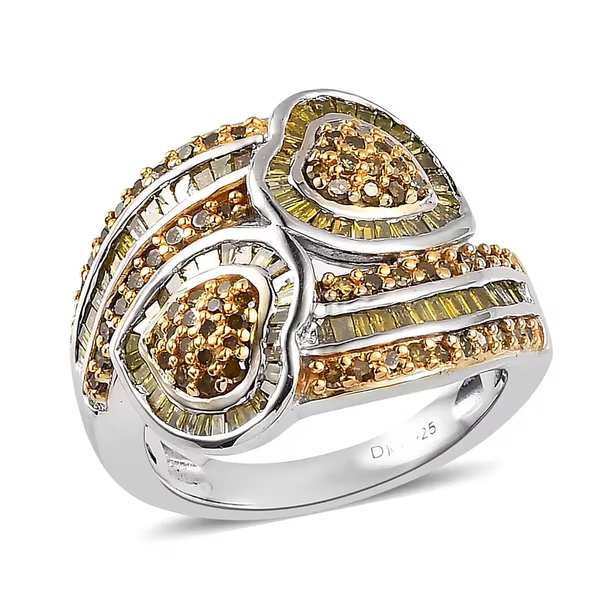 Yellow Diamond Cluster Ring,  Diamond Bypass Ring, Yellow Diamond Ring, Diamond Hearts Ring, Platinum Over Sterling Silver Ring, Diamond Gift For Her, Wedding Ring 1.00 ctw image number 0