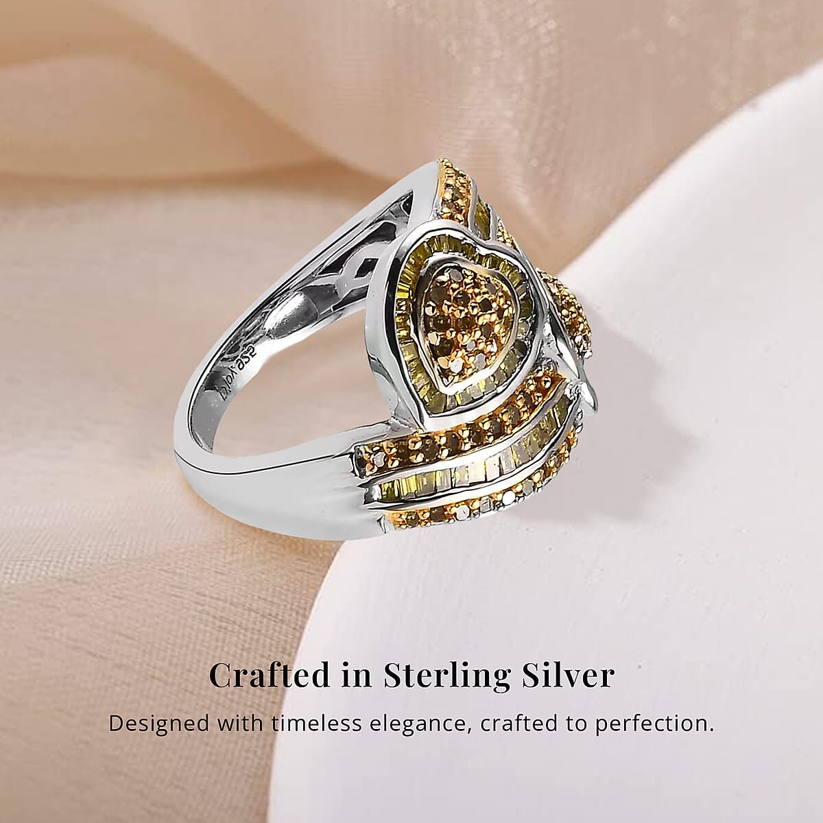 Yellow Diamond Cluster Ring,  Diamond Bypass Ring, Yellow Diamond Ring, Diamond Hearts Ring, Platinum Over Sterling Silver Ring, Diamond Gift For Her, Wedding Ring 1.00 ctw image number 2