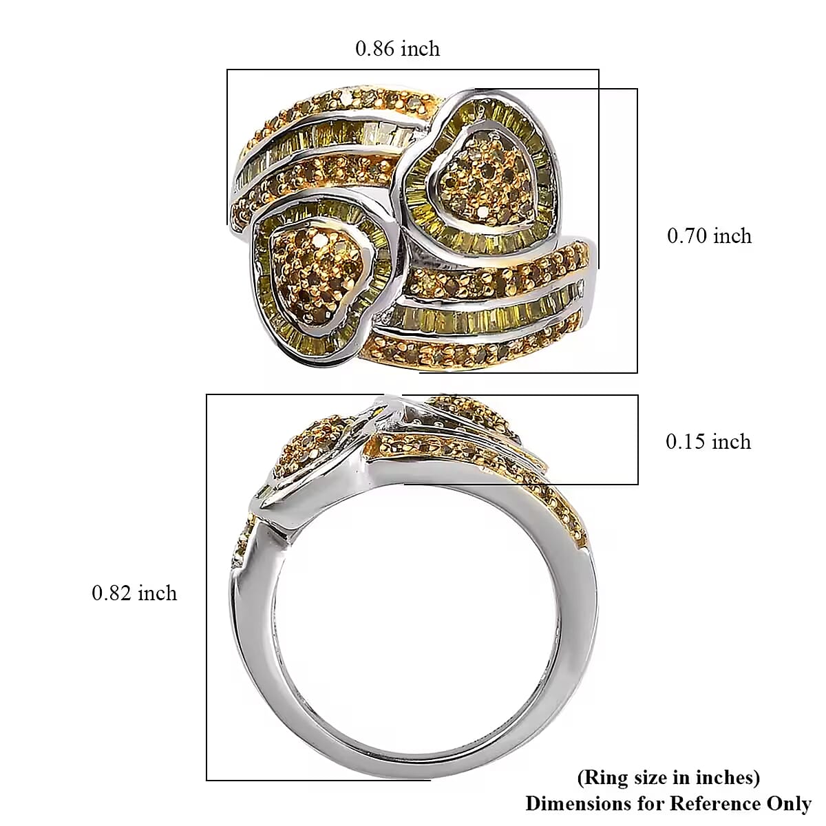 Yellow Diamond Cluster Ring,  Diamond Bypass Ring, Yellow Diamond Ring, Diamond Hearts Ring, Platinum Over Sterling Silver Ring, Diamond Gift For Her, Wedding Ring 1.00 ctw image number 7