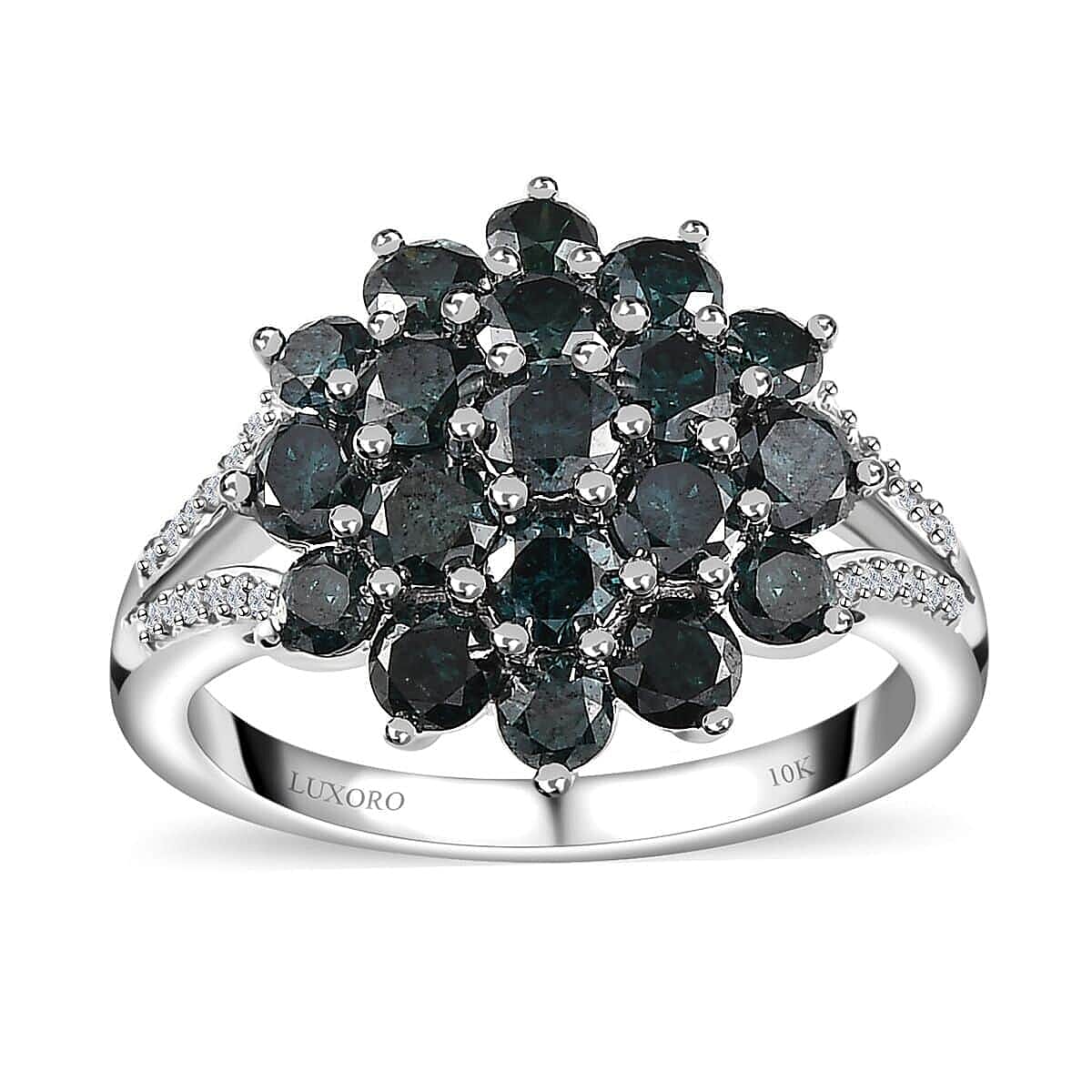 Luxoro 10K White Gold Blue and White Diamond Cluster Ring (Size 10.0) 2.00 ctw