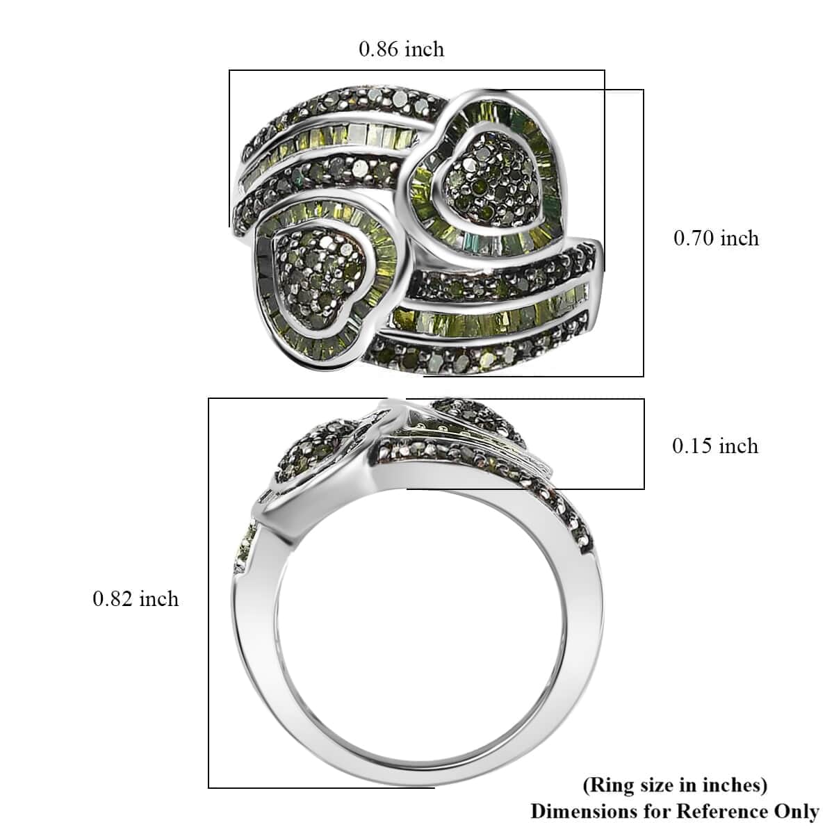 Green Diamond 1.00 ctw Cluster Ring, Diamond Bypass Ring, Green Diamond Ring, Diamond Hearts Ring, Platinum Over Sterling Silver Ring, Diamond Gift For Her, Wedding Ring (Size 10.0) image number 6