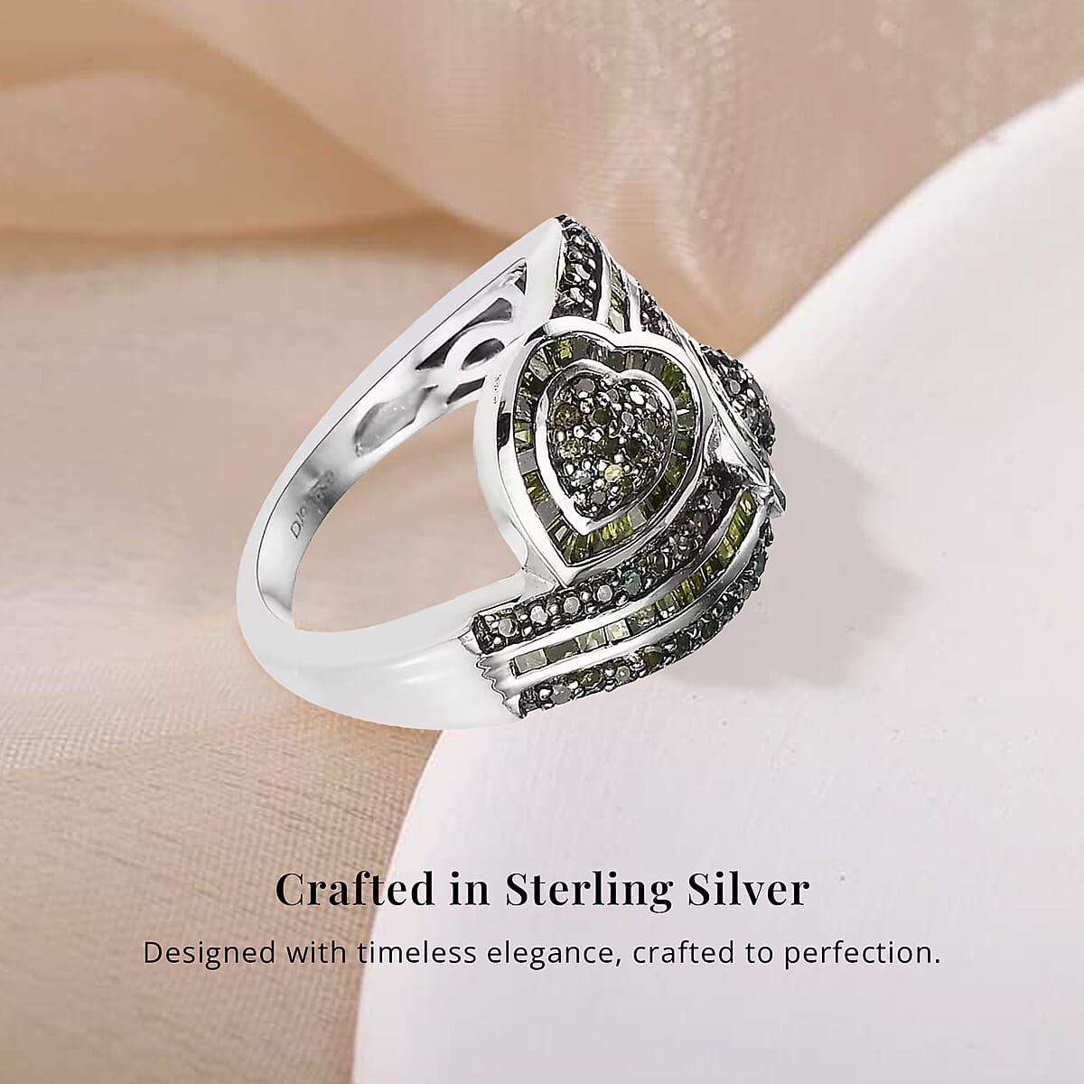 Green Diamond Cluster Ring, Diamond Bypass Ring, Green Diamond Ring, Diamond Hearts Ring, Platinum Over Sterling Silver Ring, Diamond Gift For Her, Wedding Ring 1.00 ctw (Size 5.00) image number 2