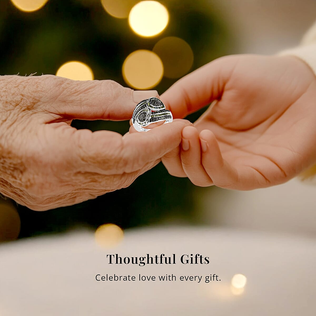 Green Diamond Cluster Ring, Diamond Bypass Ring, Green Diamond Ring, Diamond Hearts Ring, Platinum Over Sterling Silver Ring, Diamond Gift For Her, Wedding Ring 1.00 ctw (Size 5.00) image number 5