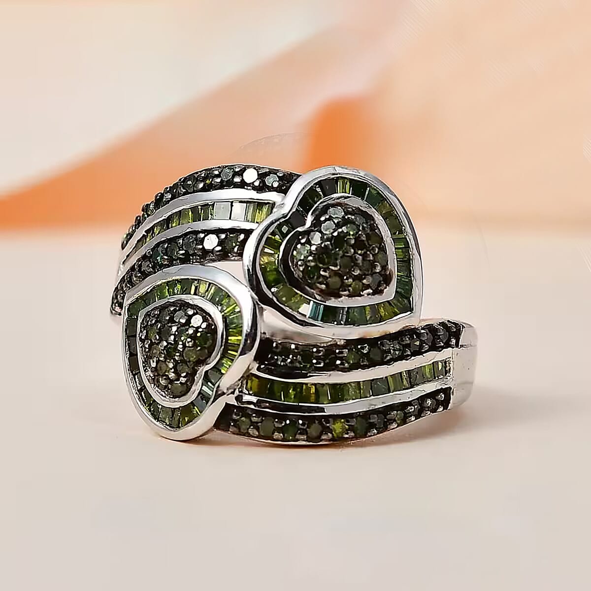 Green Diamond Cluster Ring, Diamond Bypass Ring, Green Diamond Ring, Diamond Hearts Ring, Platinum Over Sterling Silver Ring, Diamond Gift For Her, Wedding Ring 1.00 ctw (Size 5.00) image number 6