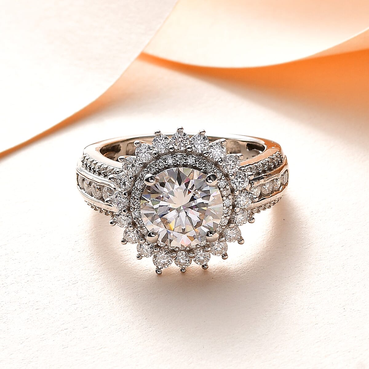 One Time Only Moissanite (Rnd 8mm) Double Halo Ring in Platinum Over Sterling Silver (Size 10.0) 2.35 ctw image number 1