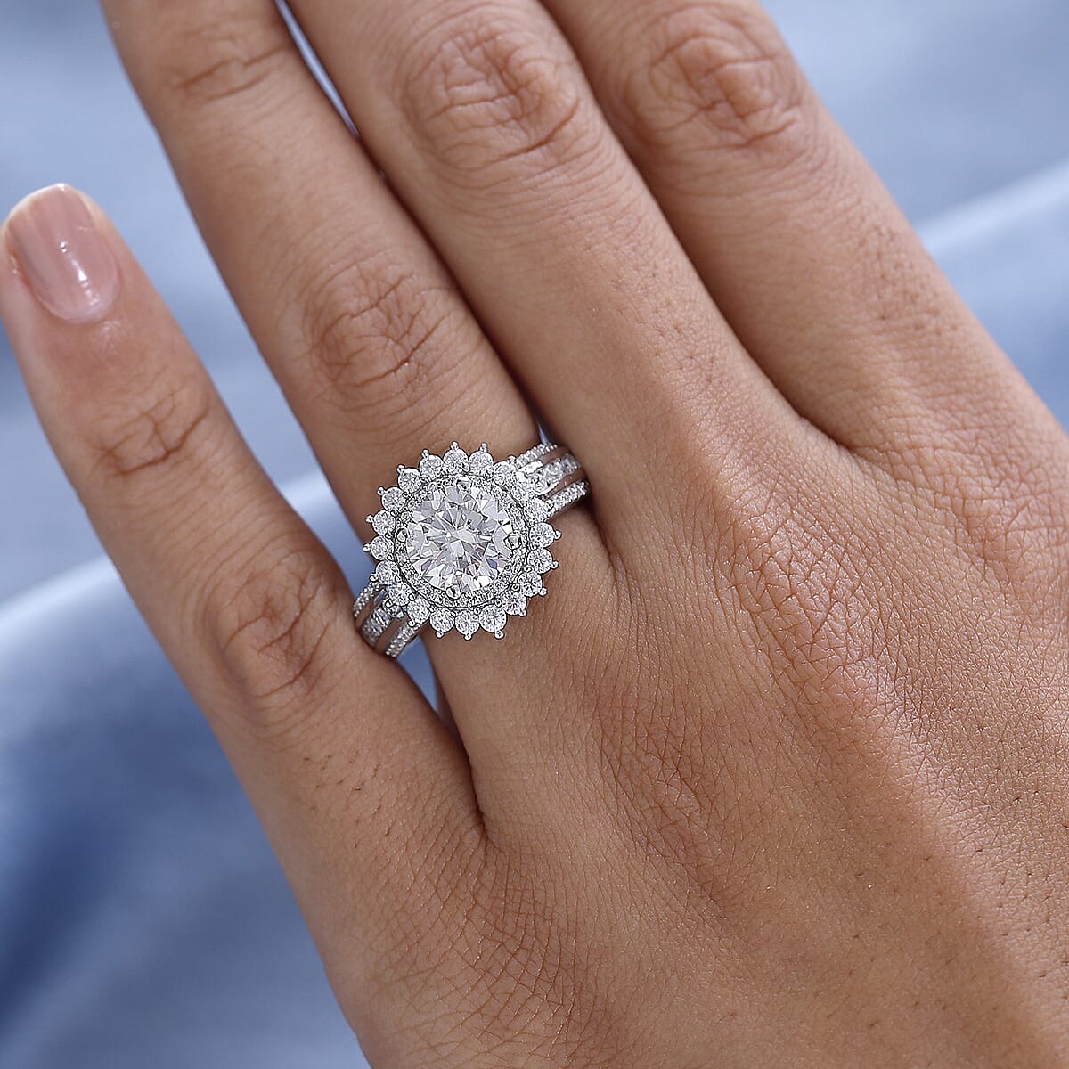 Moissanite Double Halo Ring in Platinum Over Sterling Silver (Size 8.0) 2.35 ctw image number 2