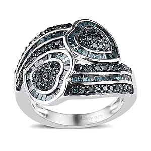 Blue Diamond 1.00 ctw Cluster Ring, Diamond Bypass Ring, Blue Diamond Ring, Diamond Hearts Ring, Platinum Over Sterling Silver Ring, Diamond Gift For Her, Wedding Ring (Size 5.0)