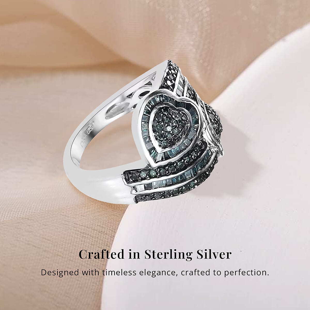 Blue Diamond 1.00 ctw Cluster Ring, Diamond Bypass Ring, Blue Diamond Ring, Diamond Hearts Ring, Platinum Over Sterling Silver Ring, Diamond Gift For Her, Wedding Ring (Size 5.0) image number 2