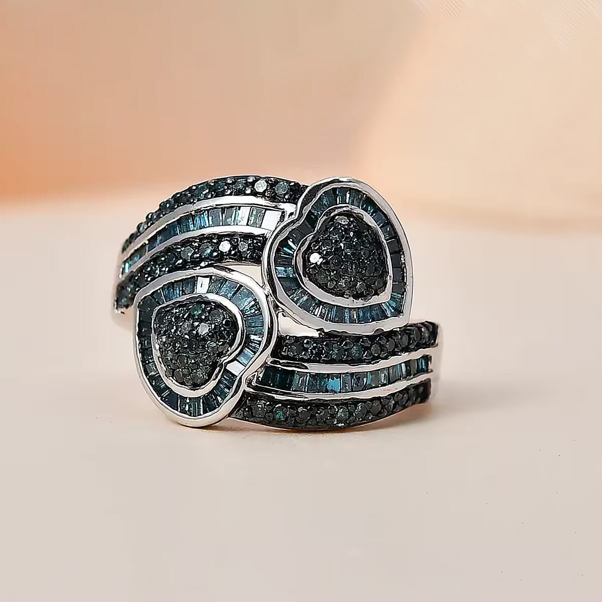 Blue Diamond 1.00 ctw Cluster Ring, Diamond Bypass Ring, Blue Diamond Ring, Diamond Hearts Ring, Platinum Over Sterling Silver Ring, Diamond Gift For Her, Wedding Ring (Size 5.0) image number 6