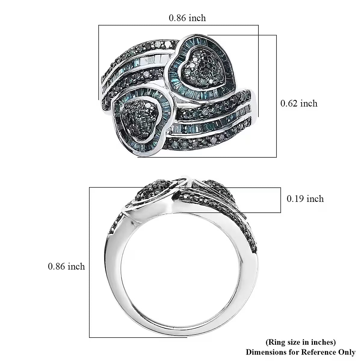 Blue Diamond 1.00 ctw Cluster Ring, Diamond Bypass Ring, Blue Diamond Ring, Diamond Hearts Ring, Platinum Over Sterling Silver Ring, Diamond Gift For Her, Wedding Ring (Size 5.0) image number 7