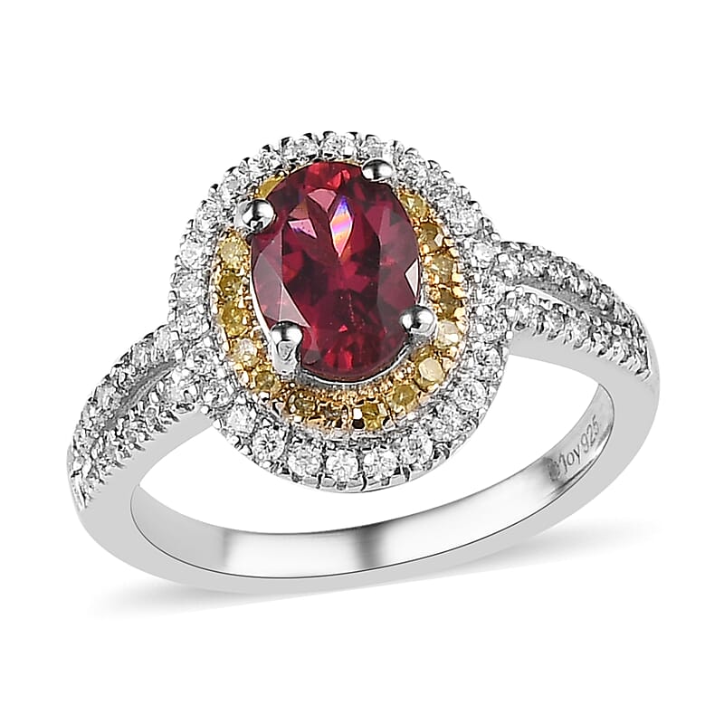 Ouro Fino Rubellite, Moissanite and Natural Yellow Diamond Double Halo Ring in Platinum Over Sterling Silver (Size 10.0) 1.40 ctw