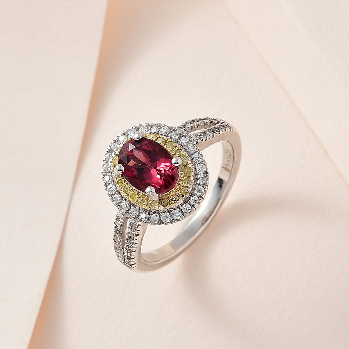 One Time Only Ouro Fino Rubellite, Moissanite, Natural Yellow Diamond Double Halo Ring in Platinum Over Sterling Silver (Size 10.0) 1.40 ctw image number 1