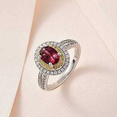 Ouro Fino Rubellite, Moissanite and Natural Yellow Diamond Double Halo Ring in Platinum Over Sterling Silver (Size 10.0) 1.40 ctw