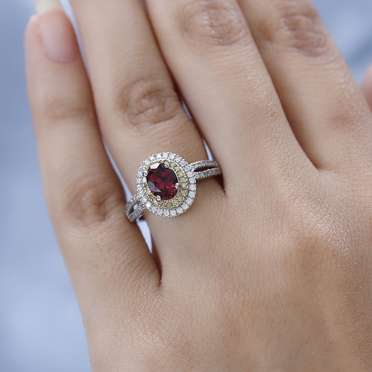 One Time Only Ouro Fino Rubellite, Moissanite, Natural Yellow Diamond Double Halo Ring in Platinum Over Sterling Silver (Size 10.0) 1.40 ctw image number 2
