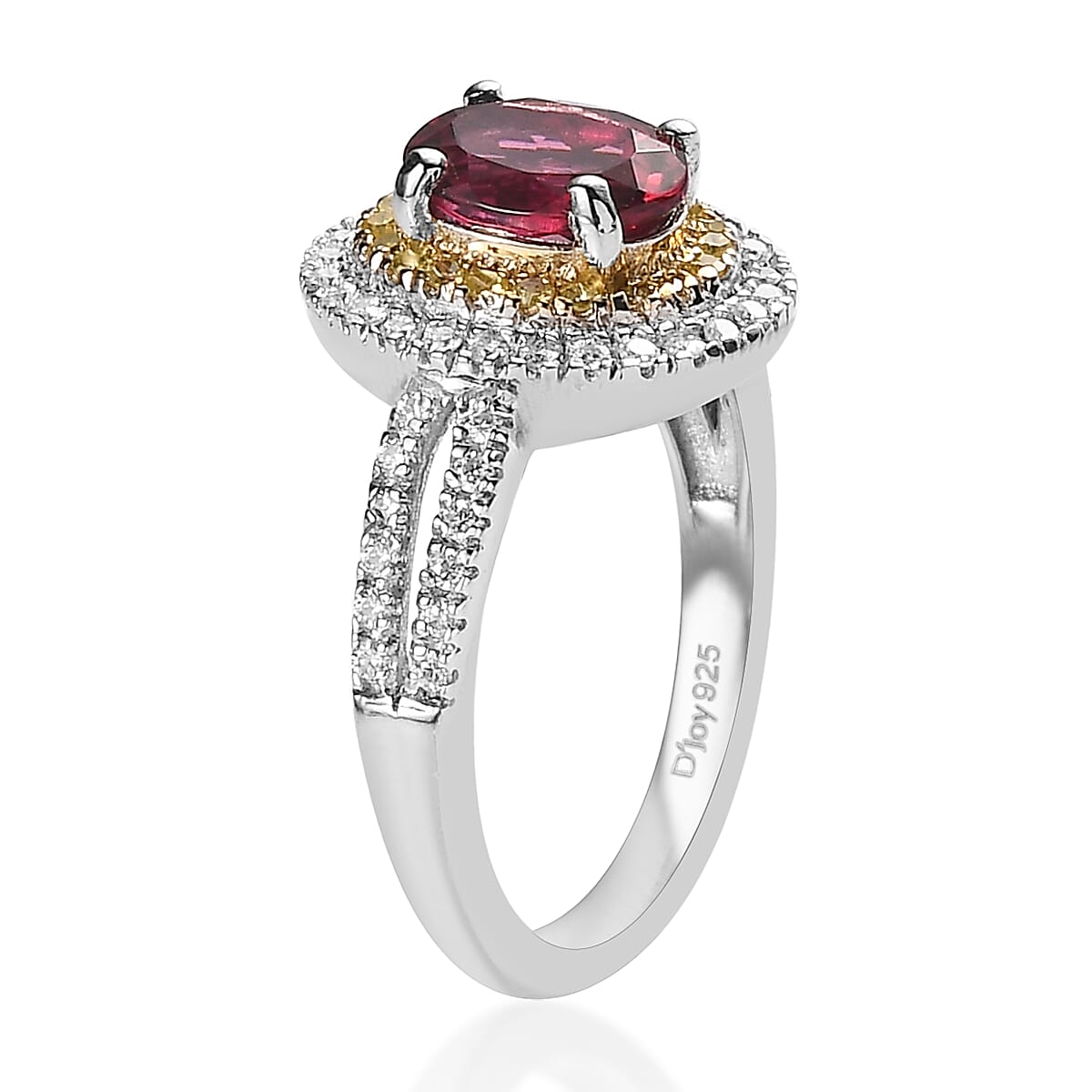 One Time Only Ouro Fino Rubellite, Moissanite, Natural Yellow Diamond Double Halo Ring in Platinum Over Sterling Silver (Size 10.0) 1.40 ctw image number 3