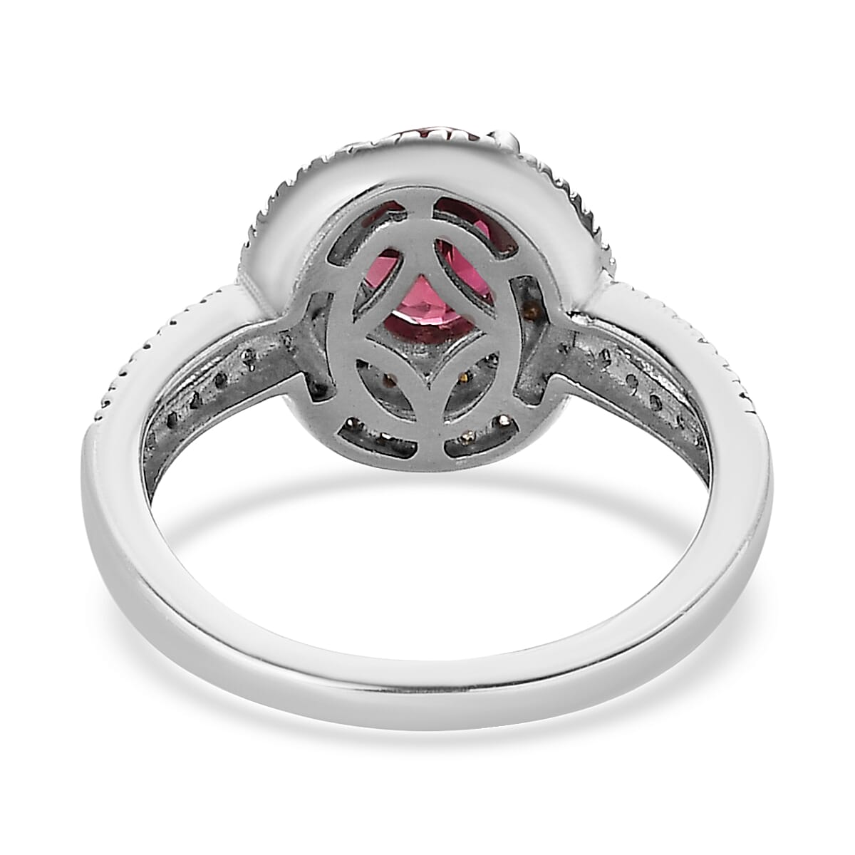 One Time Only Ouro Fino Rubellite, Moissanite, Natural Yellow Diamond Double Halo Ring in Platinum Over Sterling Silver (Size 10.0) 1.40 ctw image number 4