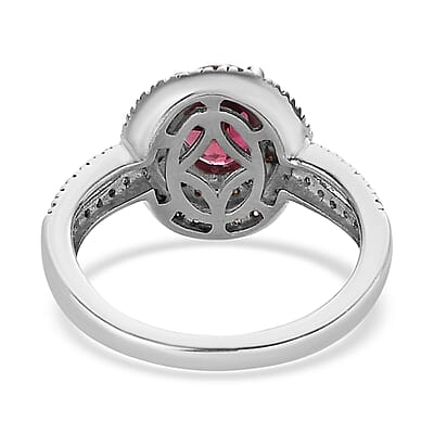 Ouro Fino Rubellite, Moissanite and Natural Yellow Diamond Double Halo Ring in Platinum Over Sterling Silver (Size 10.0) 1.40 ctw
