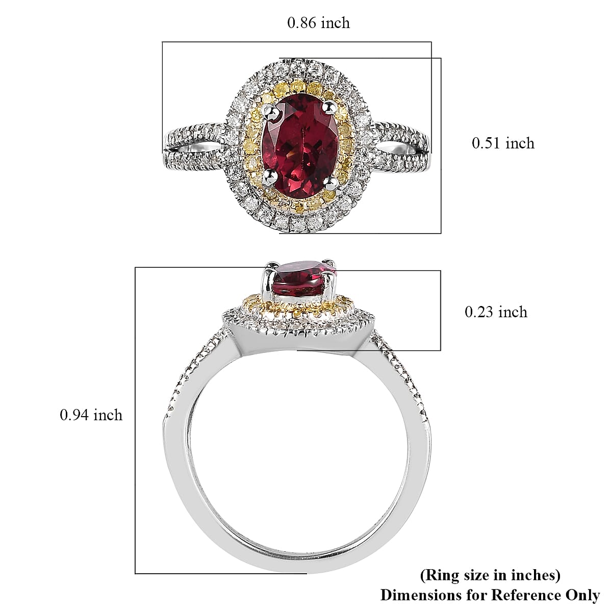 One Time Only Ouro Fino Rubellite, Moissanite, Natural Yellow Diamond Double Halo Ring in Platinum Over Sterling Silver (Size 10.0) 1.40 ctw image number 5