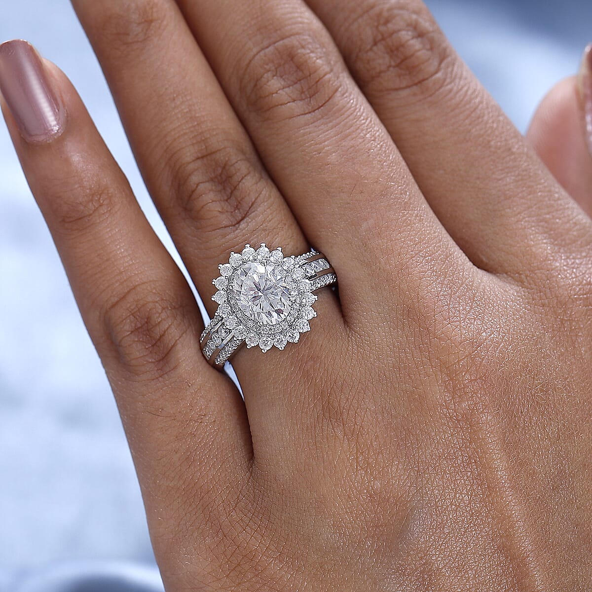 Moissanite Double Halo Ring in Platinum Over Sterling Silver (Size 10.0) 2.60 ctw image number 2