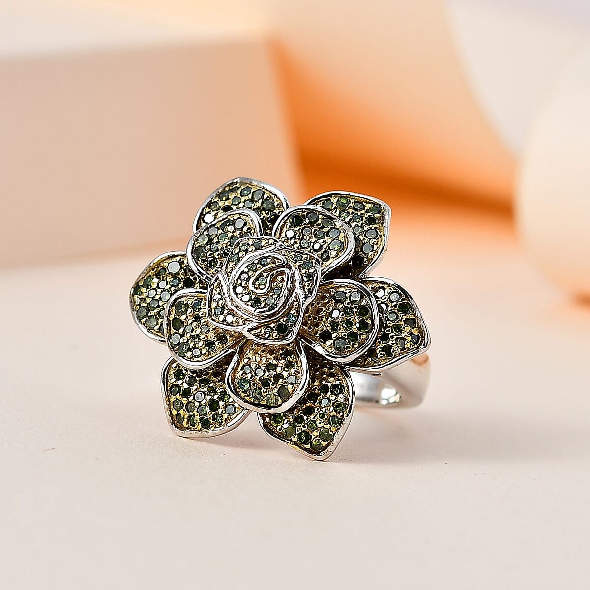 Green Diamond Floral Ring in Platinum Over Sterling Silver (Size 8.0) 1.00 ctw image number 1