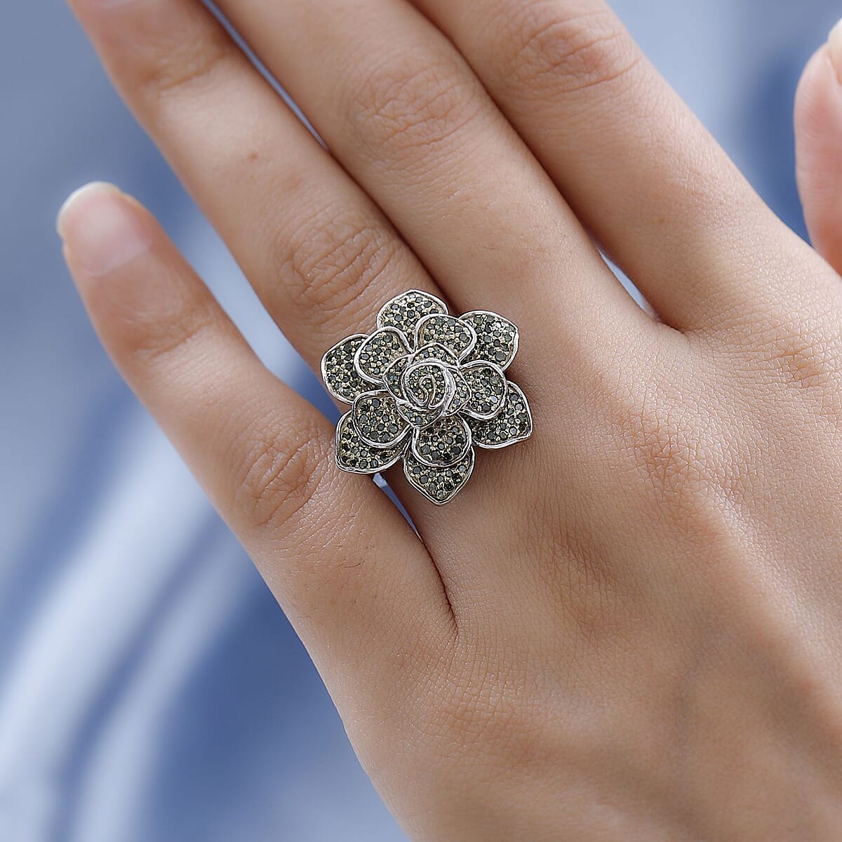 Green Diamond Floral Ring in Platinum Over Sterling Silver (Size 8.0) 1.00 ctw image number 2