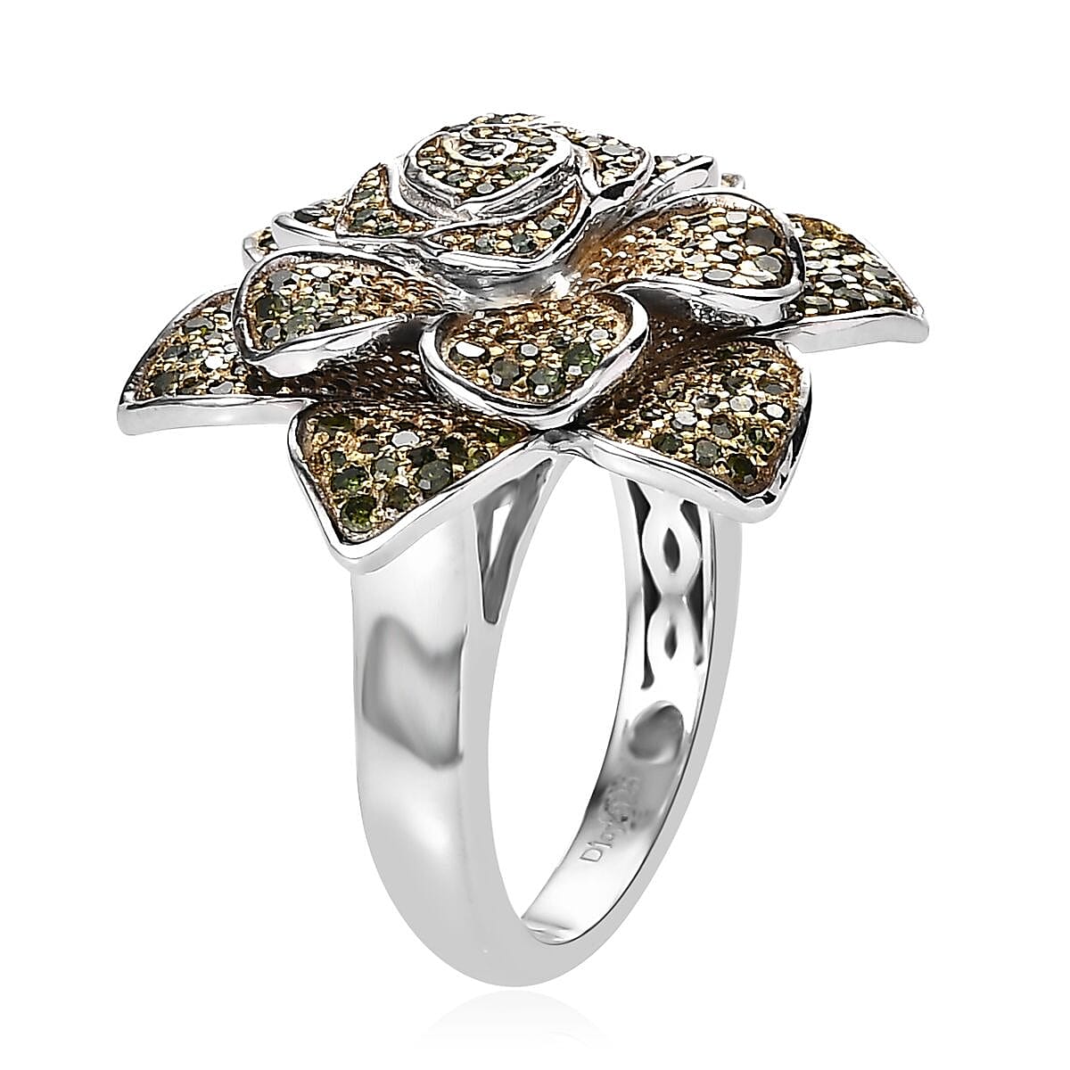 Green Diamond Floral Ring in Platinum Over Sterling Silver (Size 8.0) 1.00 ctw image number 3
