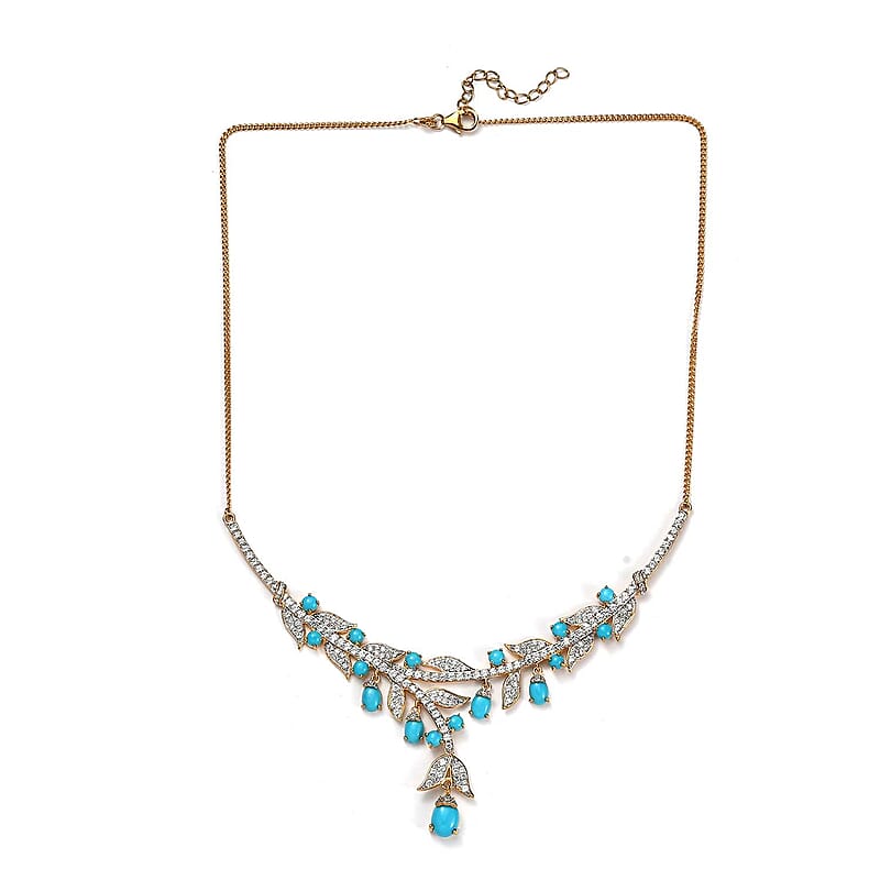 GP Italian Garden Collection Premium Sleeping Beauty Turquoise and White Zircon Necklace 18 Inches in Vermeil Yellow Gold Over Sterling Silver 14.50 ctw