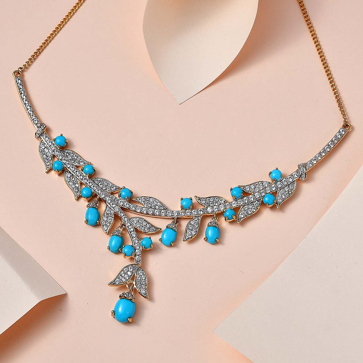GP Italian Garden Collection Premium Sleeping Beauty Turquoise and White Zircon Necklace 18 Inches in Vermeil Yellow Gold Over Sterling Silver 14.50 ctw image number 1