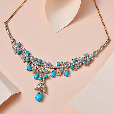 GP Italian Garden Collection Premium Sleeping Beauty Turquoise and White Zircon Necklace 18 Inches in Vermeil Yellow Gold Over Sterling Silver 14.50 ctw