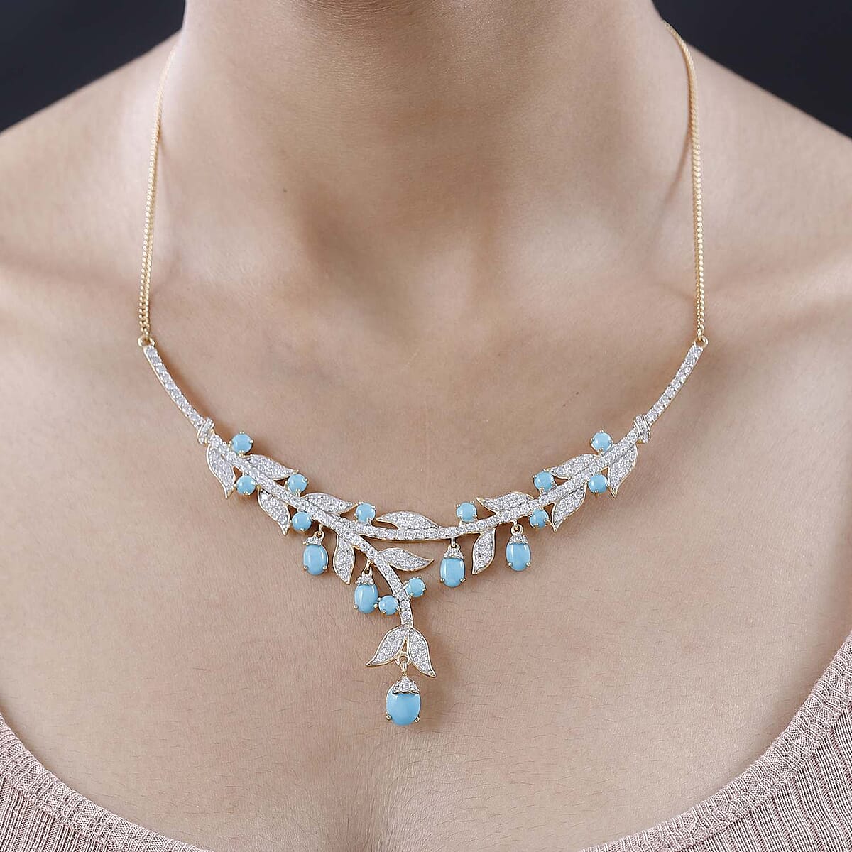 GP Italian Garden Collection Premium Sleeping Beauty Turquoise and White Zircon Necklace 18 Inches in Vermeil Yellow Gold Over Sterling Silver 14.50 ctw image number 2