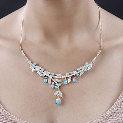 GP Italian Garden Collection Premium Sleeping Beauty Turquoise and White Zircon Necklace 18 Inches in Vermeil Yellow Gold Over Sterling Silver 14.50 ctw