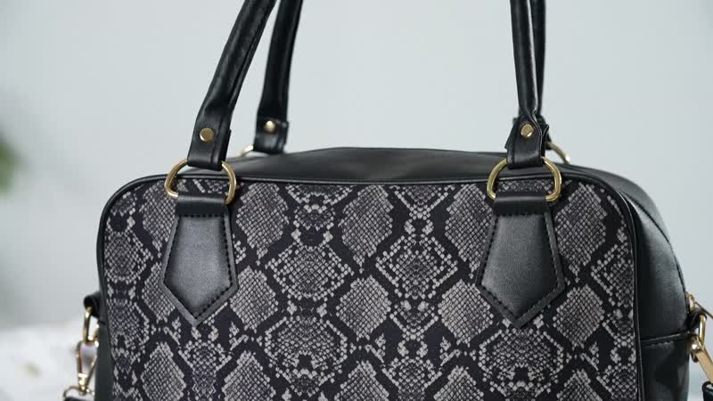 Black Snake Skin Print Faux Leather Crossbody Bag (12"x4.5"x8.7") with Detachable Shoulder Strap