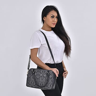 Black Snake Skin Print Faux Leather Crossbody Bag with Detachable Shoulder Strap