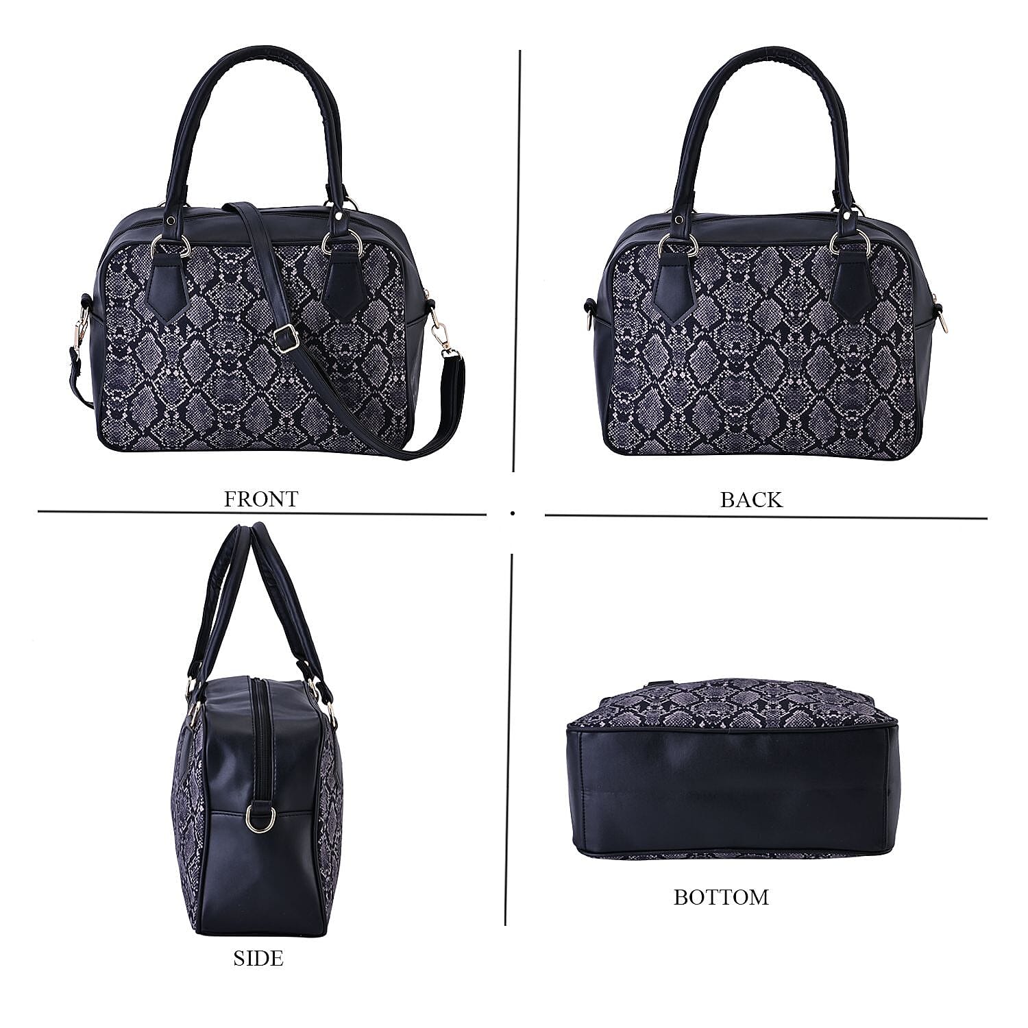 Black Snake Skin Print Faux Leather Crossbody Bag with Detachable Shoulder Strap