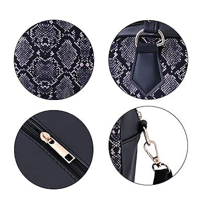 Black Snake Skin Print Faux Leather Crossbody Bag with Detachable Shoulder Strap