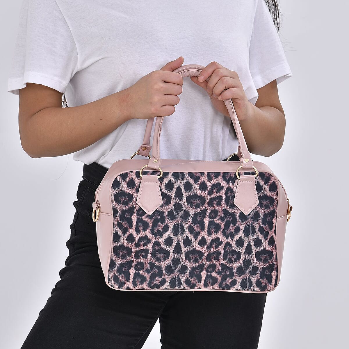 Pink Leopard Skin Print Faux Leather Crossbody Bag with Detachable Shoulder Strap image number 2
