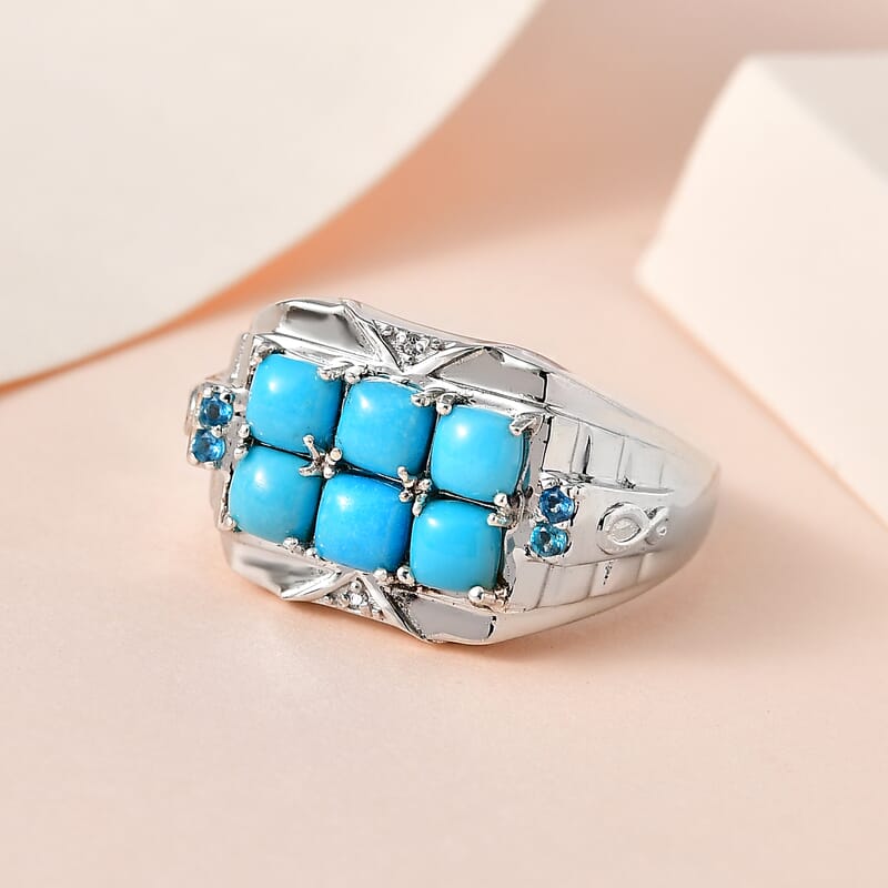 Premium Sleeping Beauty Turquoise and Multi Gemstone Men's Ring in Platinum Over Sterling Silver (Size 10.0) 2.15 ctw