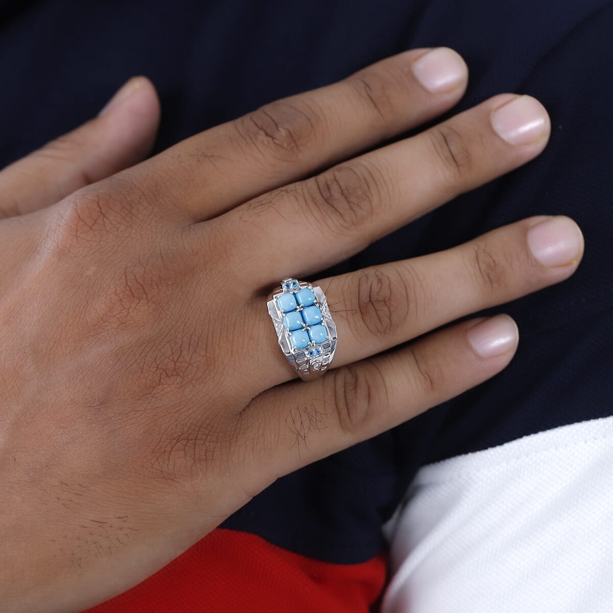 Premium Sleeping Beauty Turquoise and Multi Gemstone Men's Ring in Platinum Over Sterling Silver 2.15 ctw image number 2