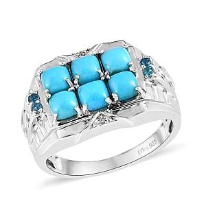 Premium Sleeping Beauty Turquoise and Multi Gemstone Men's Ring in Platinum Over Sterling Silver (Size 14.0) 2.15 ctw