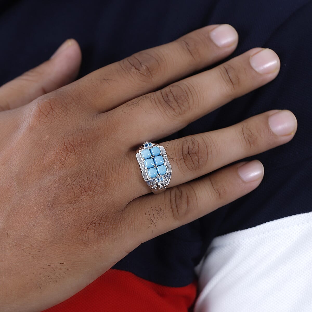 Premium Sleeping Beauty Turquoise and Multi Gemstone Men's Ring in Platinum Over Sterling Silver (Size 14.0) 2.15 ctw image number 2