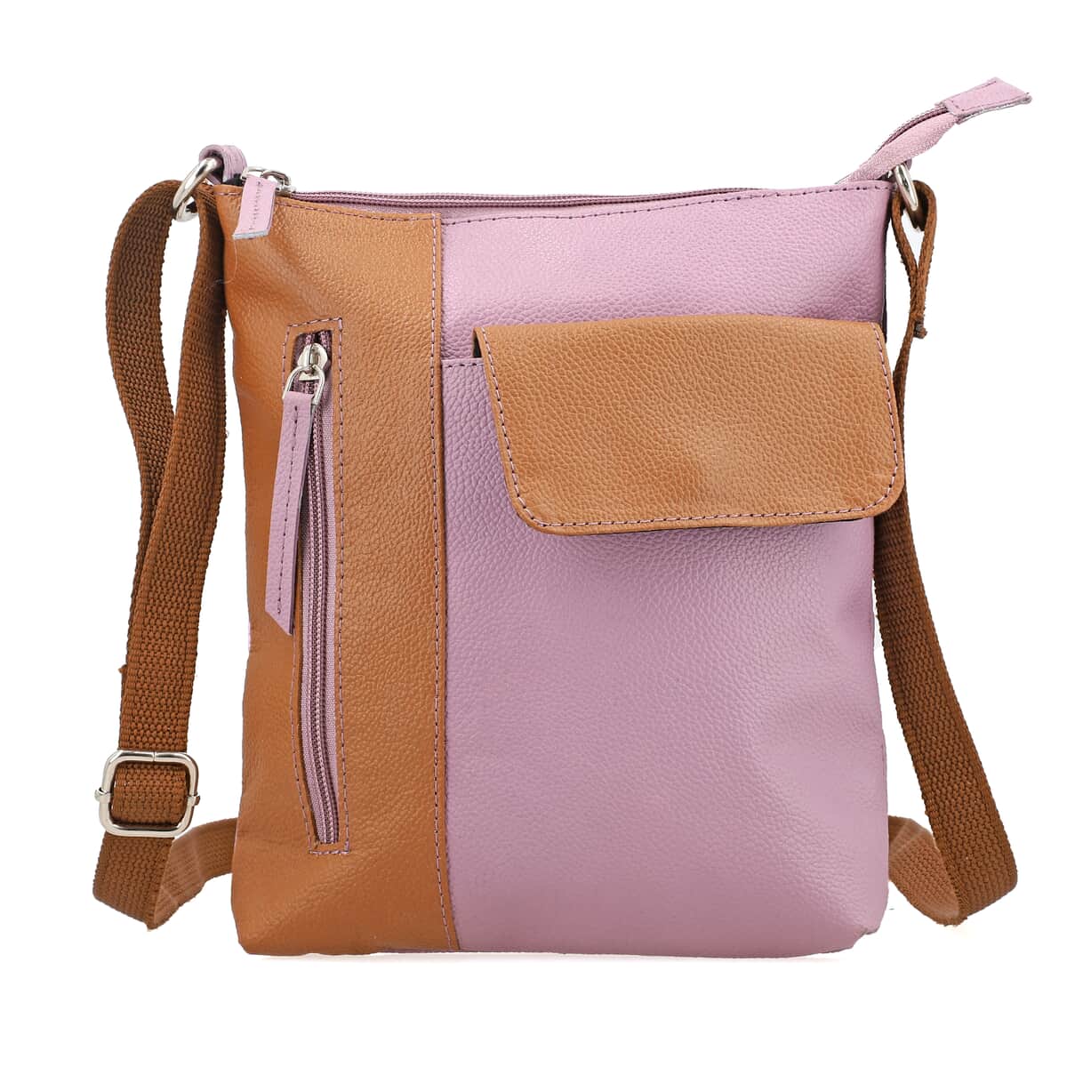 Mauve and Tan Genuine Leather Crossbody Bag with Multiple Pockets Adjustable Strap Zipper Closure, Leather Bag For Women image number 0