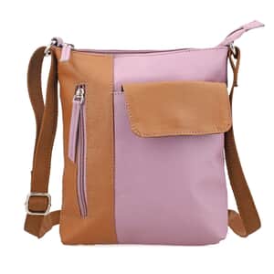 Mauve and Tan Genuine Leather Crossbody Bag with Multiple Pockets Adjustable Strap Zipper Closure, Leather Bag For Women