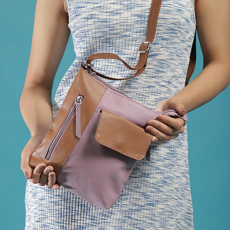 Mauve and Tan Genuine Leather Crossbody Bag with Multiple Pockets Adjustable Strap Zipper Closure, Leather Bag For Women