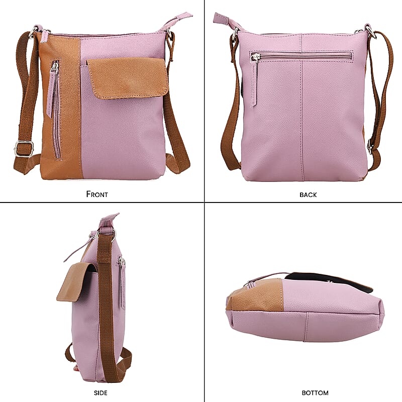Mauve and Tan Genuine Leather Crossbody Bag with Multiple Pockets Adjustable Strap Zipper Closure, Leather Bag For Women