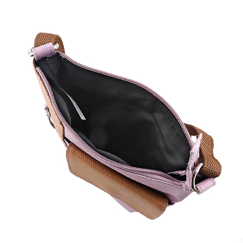 Mauve and Tan Genuine Leather Crossbody Bag with Multiple Pockets Adjustable Strap Zipper Closure, Leather Bag For Women