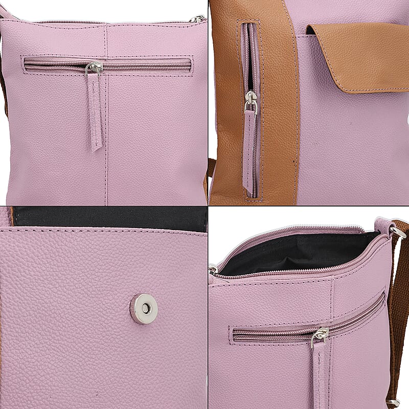 Mauve and Tan Genuine Leather Crossbody Bag with Multiple Pockets Adjustable Strap Zipper Closure, Leather Bag For Women