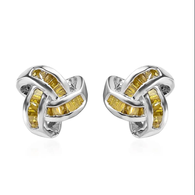Yellow Diamond 0.25 ctw Knot Earrings in Platinum Over Sterling Silver