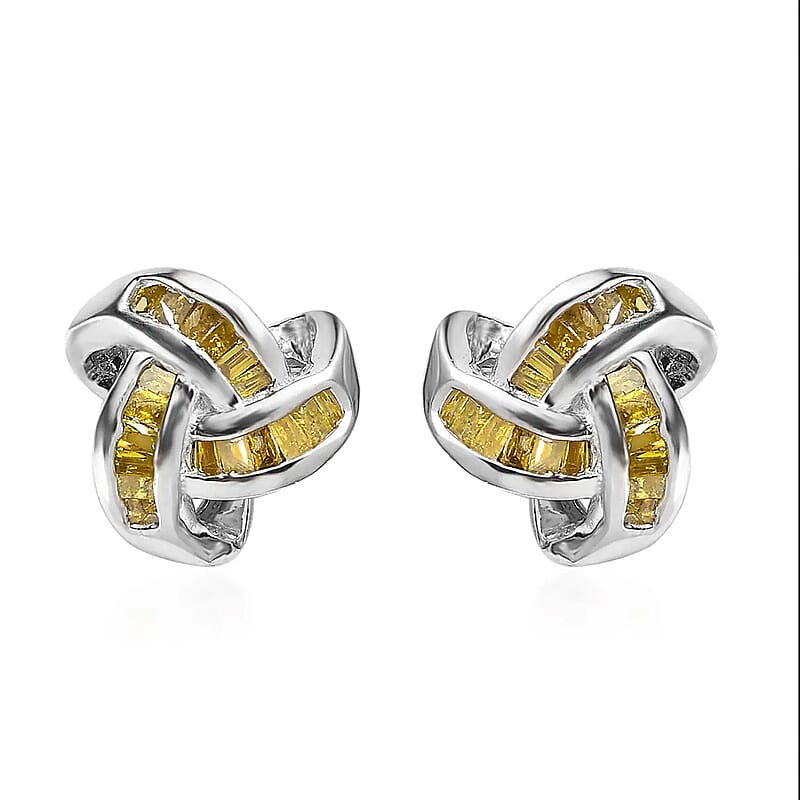 Yellow Diamond 0.25 ctw Knot Earrings in Platinum Over Sterling Silver