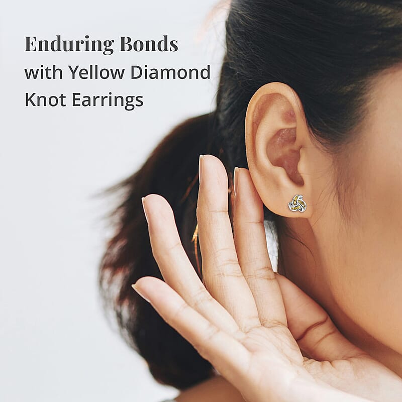 Yellow Diamond 0.25 ctw Knot Earrings in Platinum Over Sterling Silver